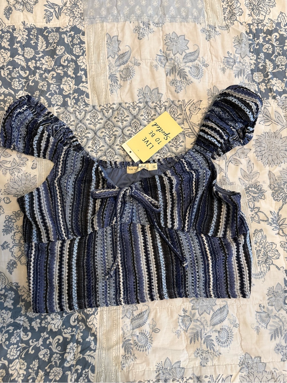 Striped Knit Tie-Front Crop Top - Blue